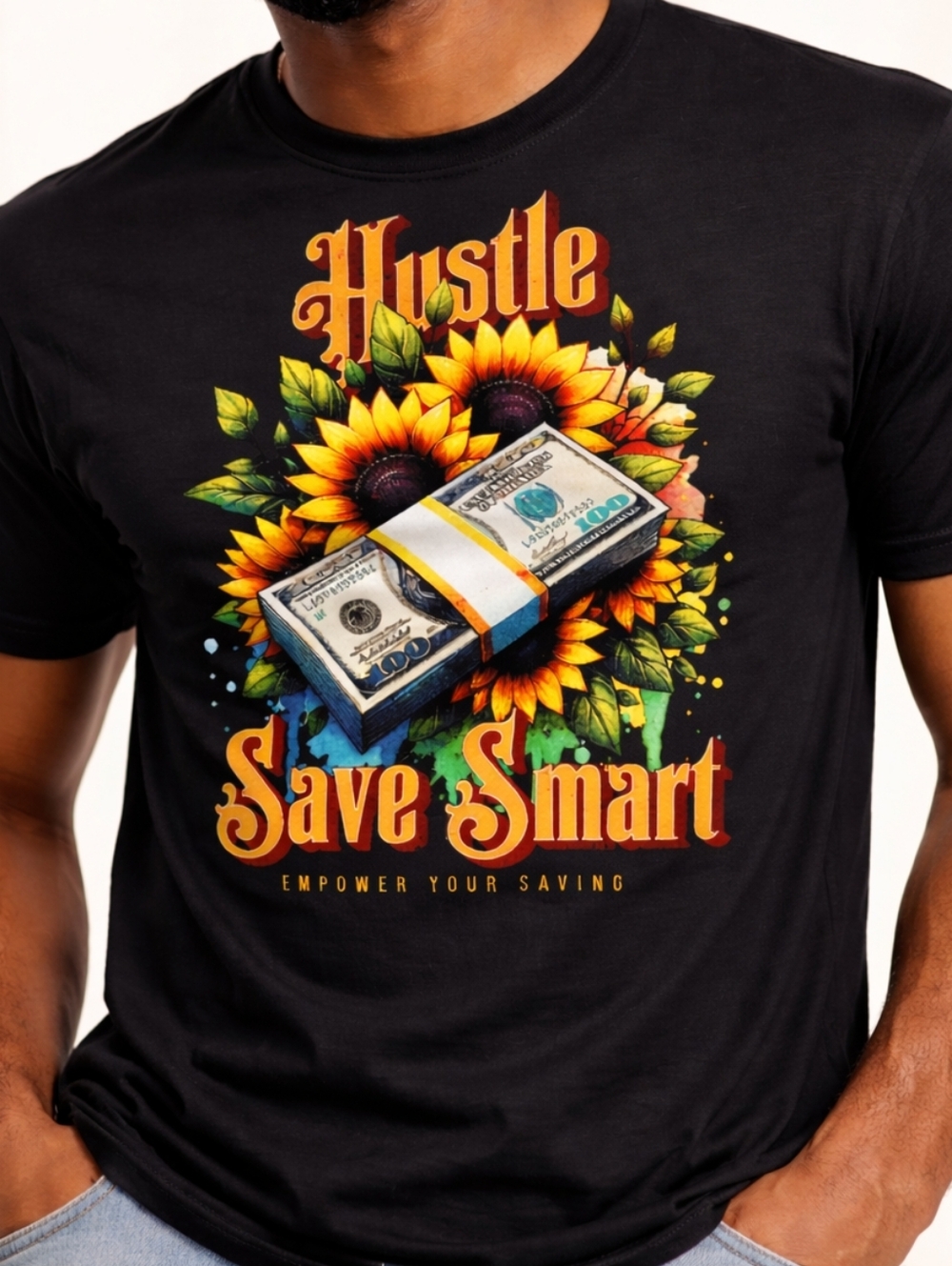 Gildan Black 'Hustle Save Smart' Sunflower & Money Graphic Tee